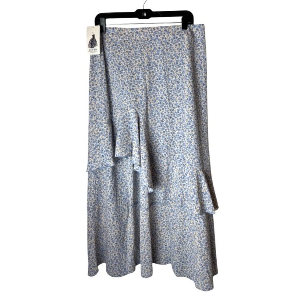 BTFBM Skirt Women XL Blue Floral‎ Print Asymmetric Ruffle Hem Boho Maxi NWT - Picture 3 of 11